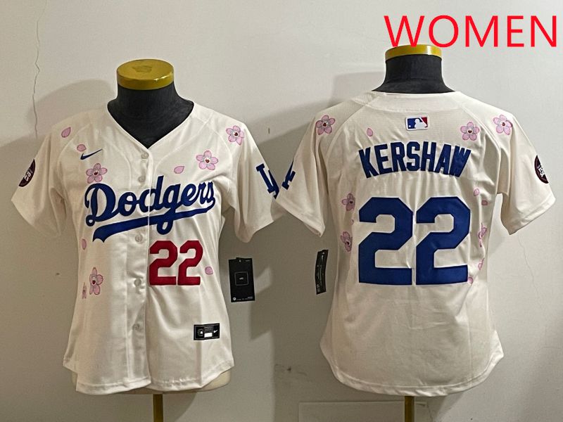 Women Los Angeles Dodgers #22 Kershaw Cream Sakura Edition 2025 Nike MLB Jersey style 4